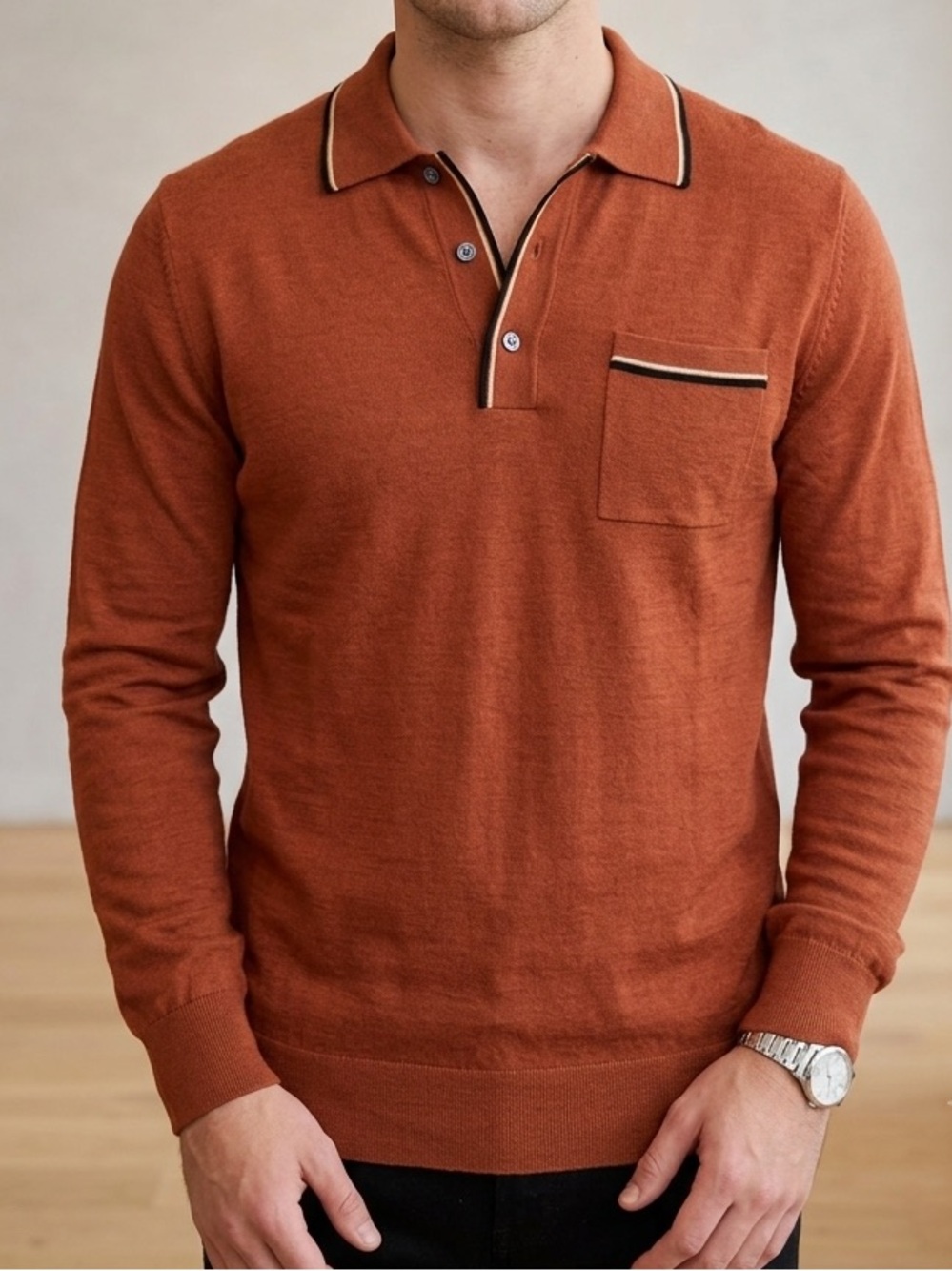 Todd Snyder Men's Long-Sleeve Polo in Rust with Contrast Trim